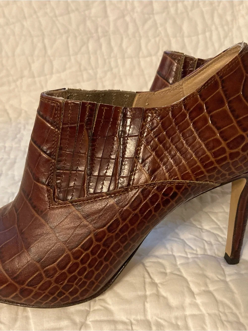 Croc-Effect Brown Stiletto Booties